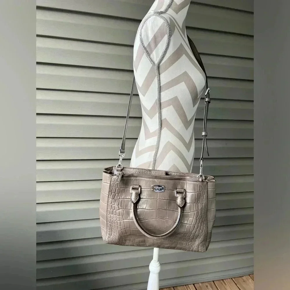 MICHAEL KORS LARGE GREY CROC EMBOSSED LEATHER SATCHEL CROSSBODY BAG